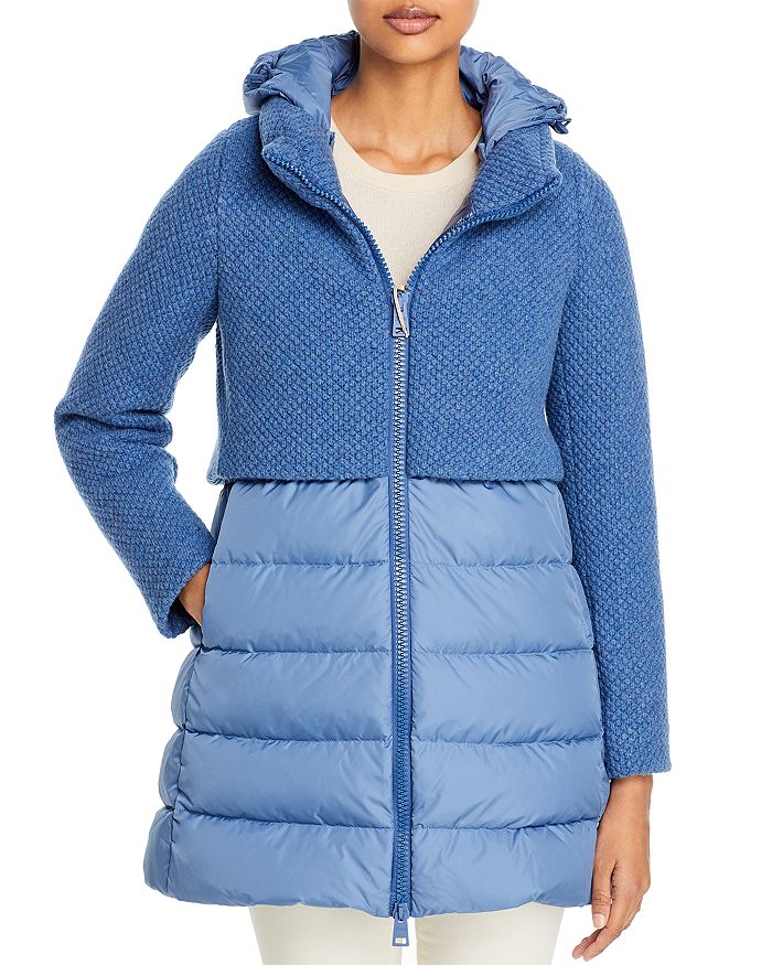 Herno Knit Overlay Puffer Coat In Denim Blue
