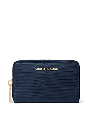 Michael Michael Kors Jet Set Leather Card Case In Navy/gold