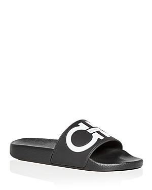 Ferragamo Gancini-print Open-toe Slides In Fascia Nero