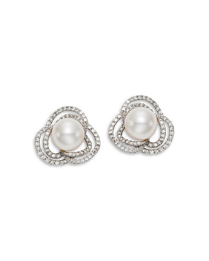 Mastoloni 18k White Gold Cultured Freshwater Pearl & Diamond Flower Earrings