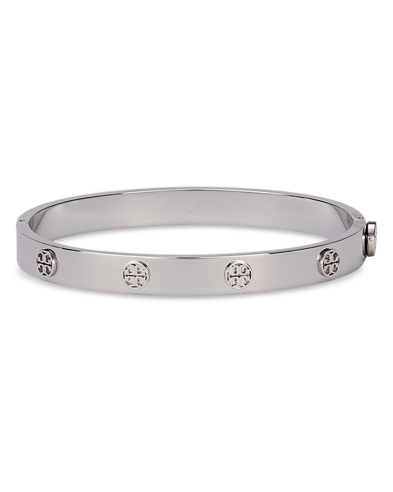 Tory Burch Miller Logo-charm Bangle Bracelet In Silver