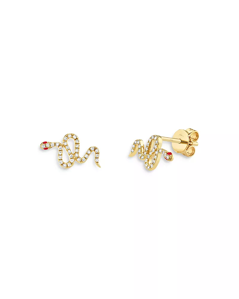 Moon & Meadow 14K Yellow Gold Diamond & Ruby Snake Stud Earrings