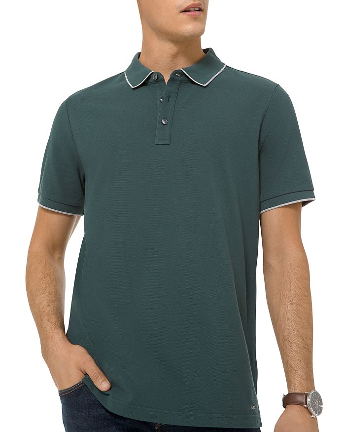 Michael Kors Cotton Melange Tipped Modern Fit Pique Polo Shirt In Spruce Green