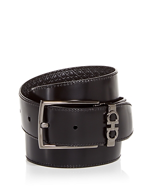 Shop Ferragamo Salvatore  Men's Gancini Embossed Reversible Leather Belt In Black
