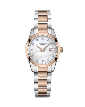 Longines Women's Swiss Conquest Classic Diamond (1/20 Ct. T.w.) Two-tone Stainless Steel Bracelet Watch 34mm In White/rose Gold