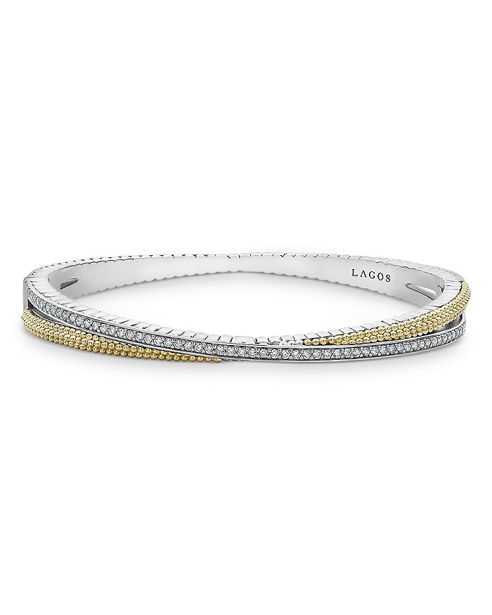Shop Lagos Sterling Silver & 18k Yellow Gold Caviar Lux Diamond Bangle Bracelet