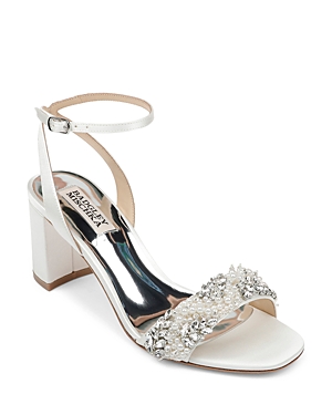 Shop Badgley Mischka Women's Clara Embellished Block Heel Sandals In White Satin