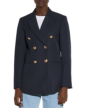Shop Sandro Sienne Double Breasted Blazer In Navy Blue