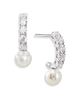 Nadri Camila Imitation Pearl Sparkle J Hoop Earrings In Rhodium
