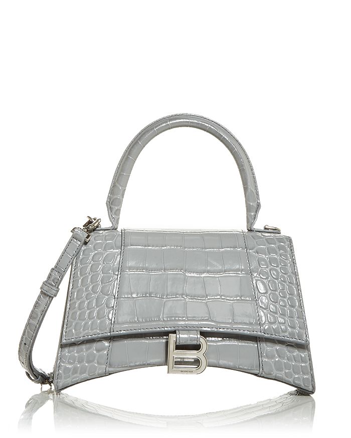 Balenciaga Hourglass Small Leather Top Handle Bag In Gray Croc Embossed