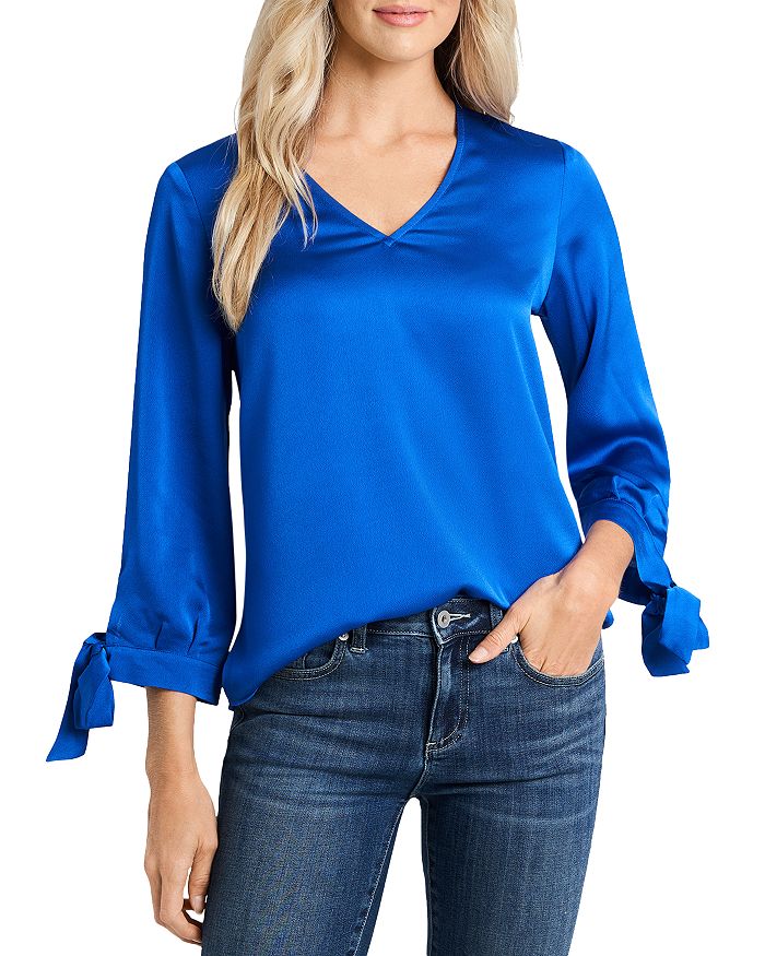 Cece Tie Cuff Satin Top In Deep Lapis