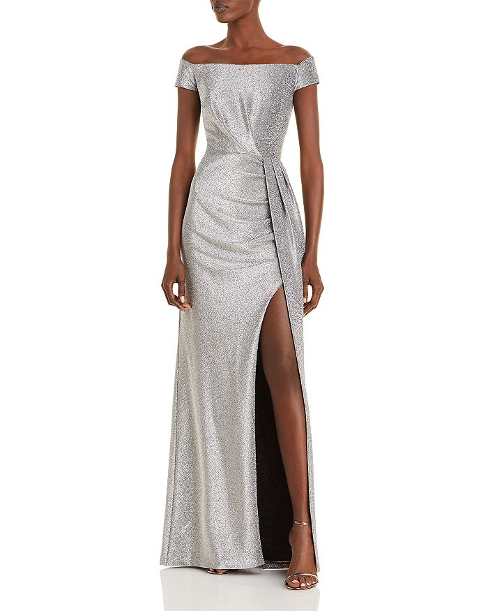 aqua pleated shimmer gown