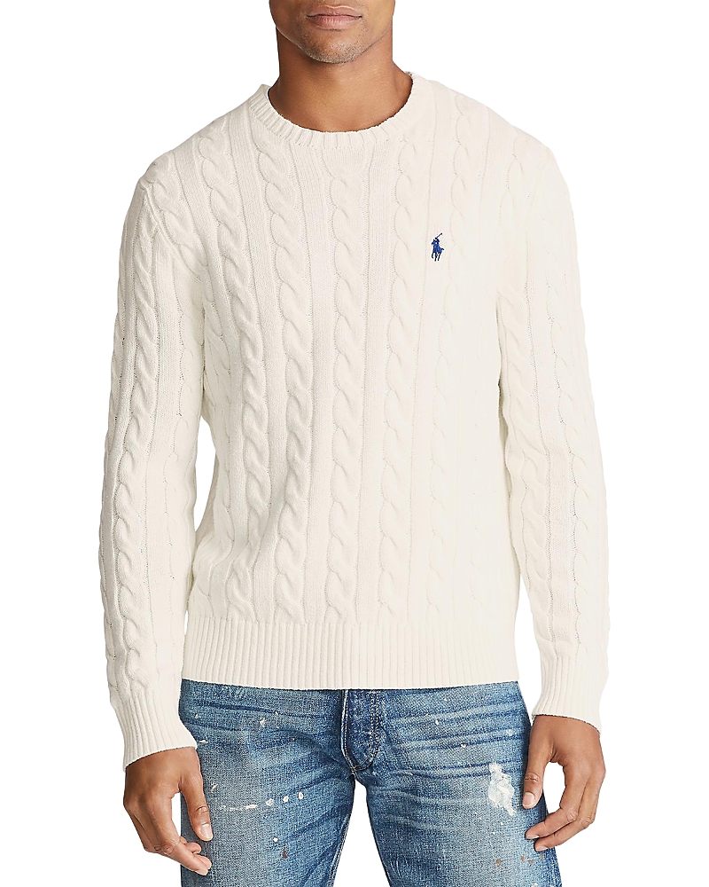 Polo Ralph Lauren White Cable Knit Crewneck Sweater With Pony Embroidery On The Front In Wool And Cashmere Man In Neutral