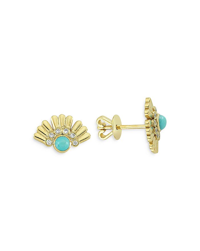 Own Your Story 14k Yellow Gold Fringed Fan Diamond And Turquoise Earrings In Turquoise/gold
