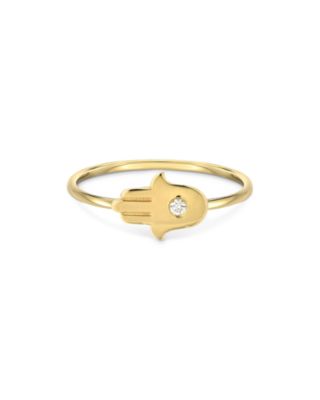 Zoe Lev - 14K Yellow Gold Diamond Hamsa Ring