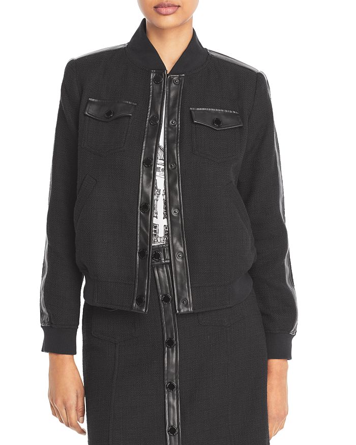 Karl Lagerfeld Faux Leather Trimmed Tweed Bomber Jacket In Black