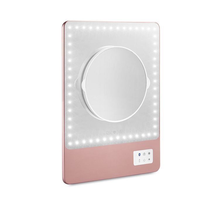 Shop Riki Loves Riki Skinny Led Travel Magnifying Mirror With Bluetooth, 5x Magnification In Rose Gold