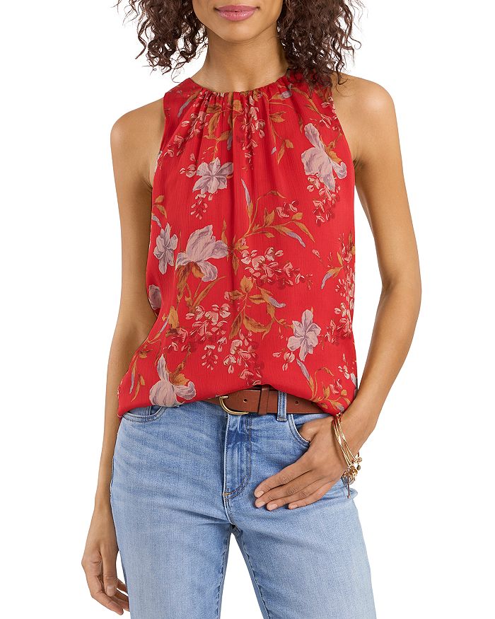 Vince Camuto Printed V Neck Layered Hem Top Black
