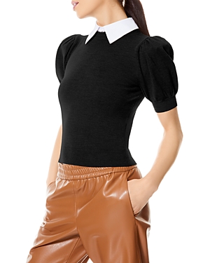 Alice And Olivia Chase Puff Sleeve Wool Blend Sweater With Removable Collar In Black White