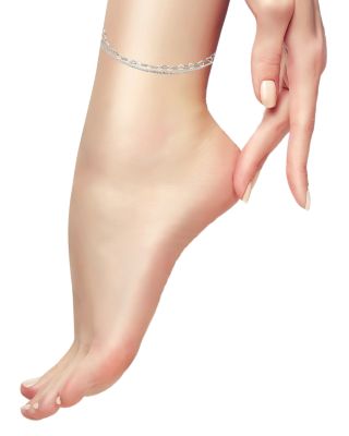 Double Row Heart Link & Diamond Cut Rope Chain Ankle Bracelet in Sterling Silver - Exclusive