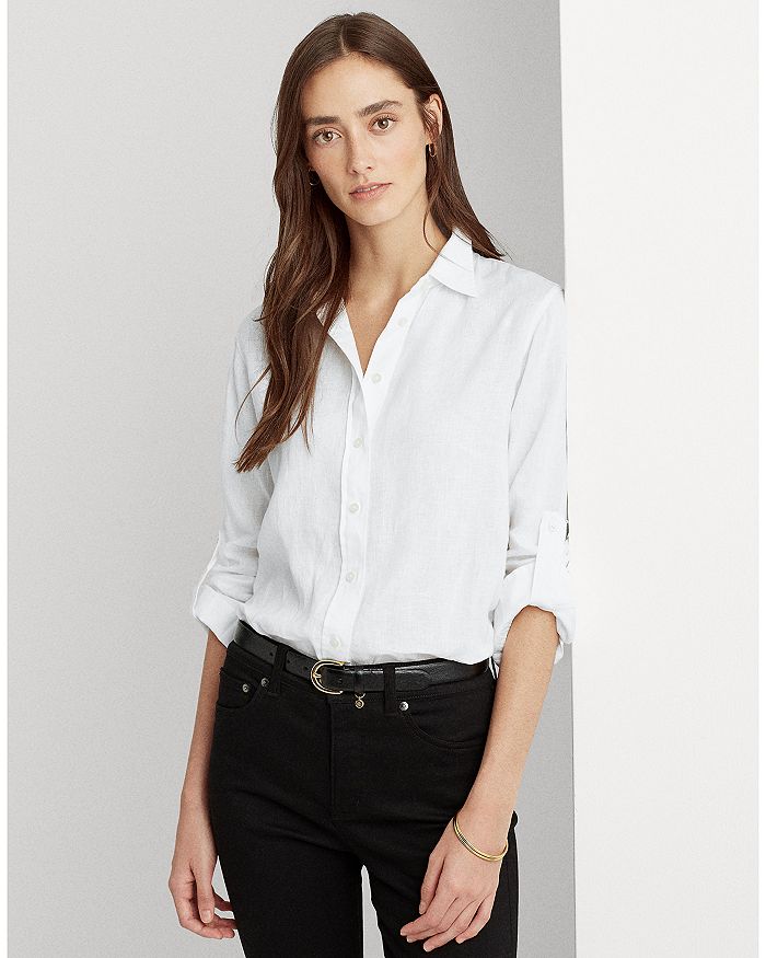 Lauren Ralph Lauren Roll-Tab-Sleeve Linen Shirt Women's Clothing White : XL