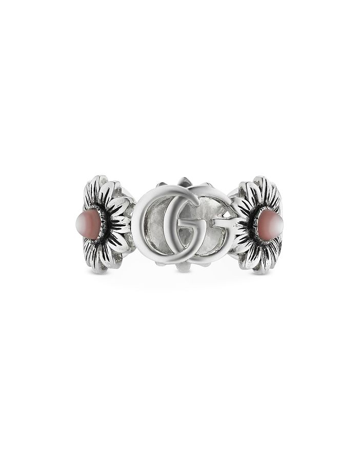 Gucci - Sterling Silver Marmont Mother of Pearl Flower & Logo Ring
