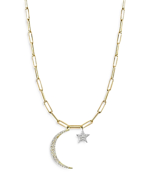 14K White Gold & 14K Yellow Gold Moon & Star Diamond Pendant Necklace, 16