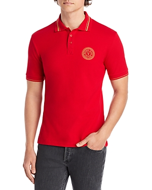 VERSACE JEANS COUTURE V-EMBLEM EMBROIDERED SLIM FIT POLO SHIRT,EB3GWA7T3E36571