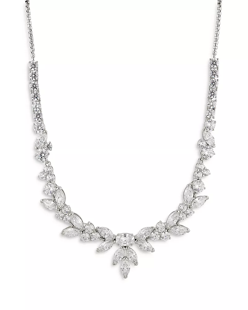 Nadri Prima Cubic Zirconia Cluster Statement Necklace in Rhodium Plated, 16