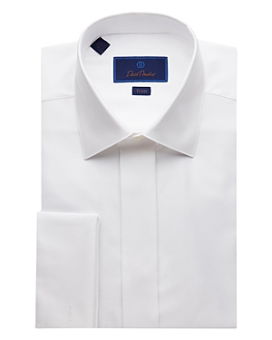 David Donahue Diamond Pattern French Cuff Covered Placket Formal Shirt In White