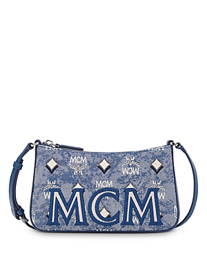 Mcm Vintage Jacquard Mini Shoulder Bag In Blue/silver