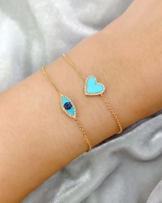 Diamond &amp; Turquoise Heart Chain Bracelet in 14K Yellow Gold - Exclusive