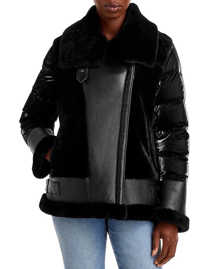Bloomingdales Women Clothing Jackets Leather Jackets Leather Shearling Mixed Media Moto Jacket 