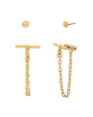 ALLSAINTS - Stud & Toggle Chain Front to Back Earrings in Silver Tone or Gold Tone, Set of 2