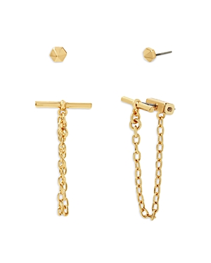 Stud & Toggle Chain Front to Back Earrings in Silver Tone or Gold Tone, Set of 2
