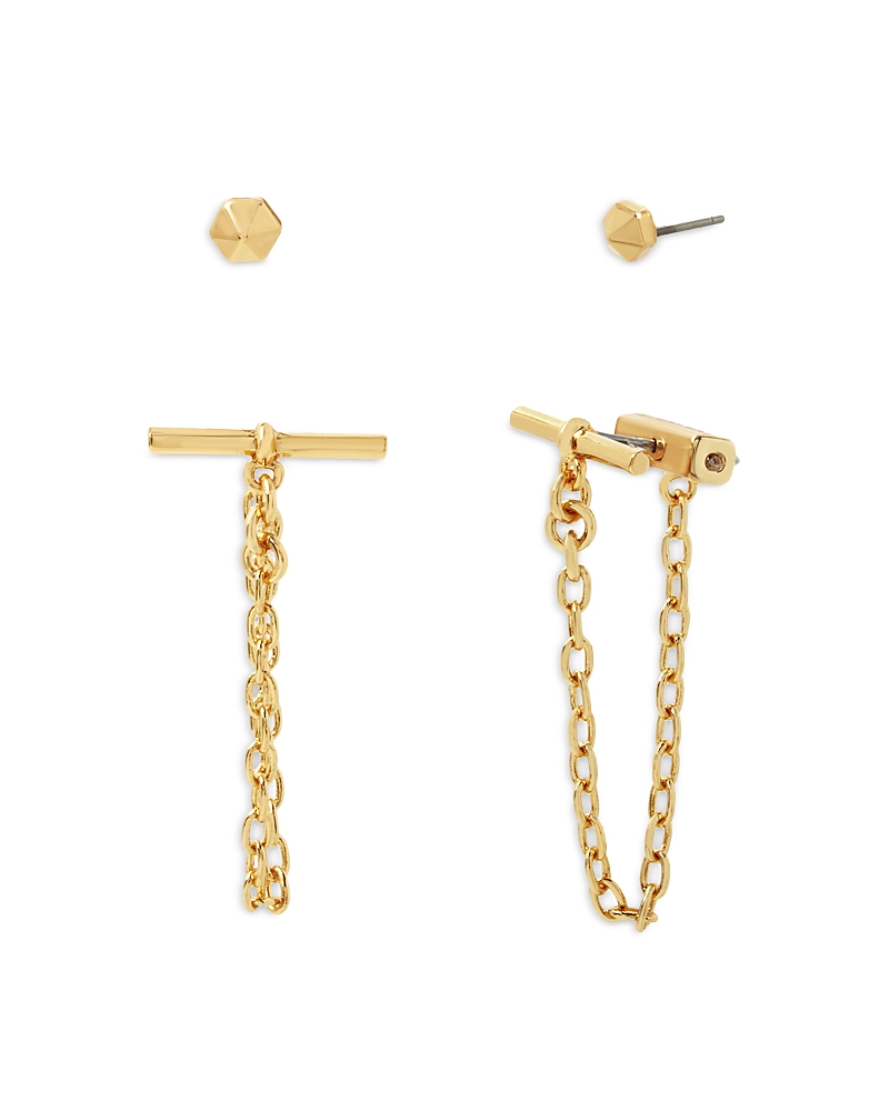 Allsaints Stud & Toggle Chain Front To Back Earrings In Silver Tone Or Gold Tone, Set Of 2 In Gold
