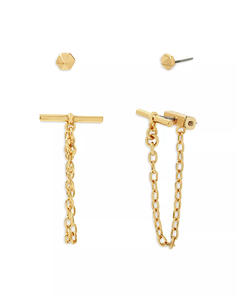 Allsaints Stud & Toggle Chain Front to Back Earrings in Silver Tone or Gold Tone, Set of 2