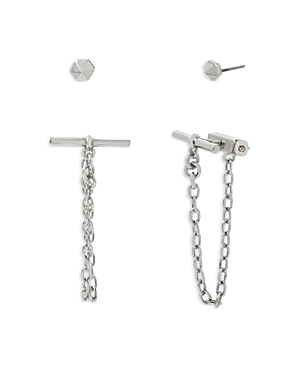 Allsaints Stud & Toggle Chain Front To Back Earrings In Silver Tone Or Gold Tone, Set Of 2 In Rhodium