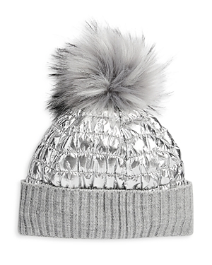 Surell Girls' Faux Fur Pom Pom Ribbed Hat - Big Kid In Silver