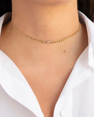 14K Yellow Gold Diamond Cuban Link Choker Necklace, 15"