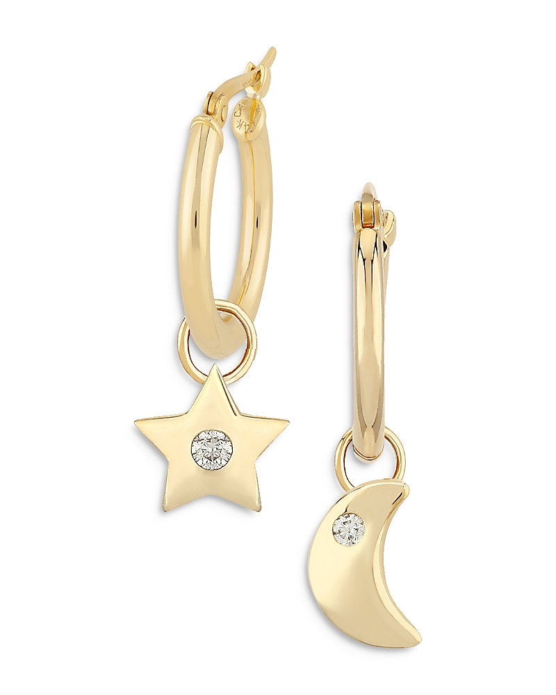 Bloomingdale's Fine Collection Diamond Star & Moon Dangle Hoop Earrings in 14K Yellow Gold, 0.02 tcw