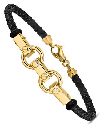 Bloomingdale's Fine Collection - Men's Fancy Link Leather Bracelet in 14K Yellow Gold - Exclusive