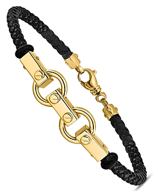 Bloomingdale's Men's Fancy Link Leather Bracelet In 14k Yellow Gold - 100% Exclusive In Black/gold