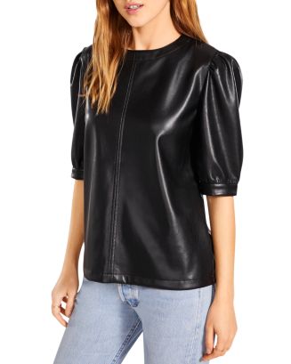 STEVE MADDEN BB DAKOTA Faux Leather Pleated Sleeve Top