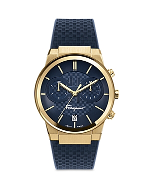 Ferragamo Sapphire Yellow Gold Ip Double Gancini Rubber Strap Watch In Navy/navy