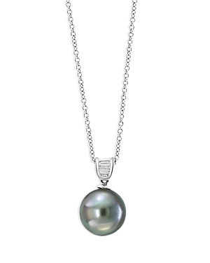 Bloomingdale's Black Tahitian Cultured Pearl & Diamond Baguette Pendant Necklace In 14k White Gold, 16-18 - 100% Ex