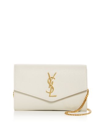 Saint Laurent Uptown Grained Leather Chain Wallet In Taupe