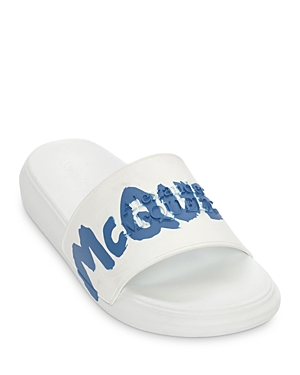 Alexander Mcqueen Graffiti Logo Rubber Slide Sandals In White/blue