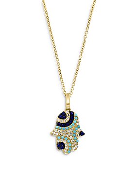 Bloomingdale's - Blue Sapphire, Turquoise & Diamond Hamsa Hand Pendant Necklace in 14K Yellow Gold, 16-18" - 100% Exclusive