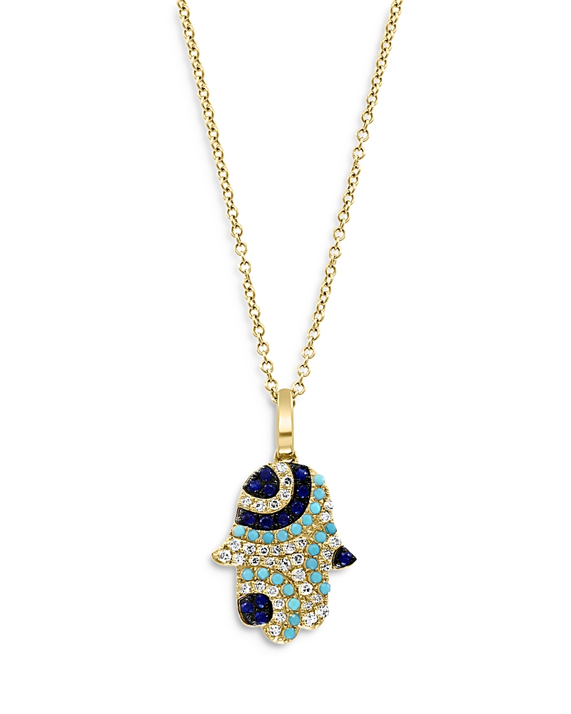 Bloomingdale's Fine Collection Blue Sapphire, Turquoise & Diamond Hamsa Hand Pendant Necklace in 14K Yellow Gold, 16